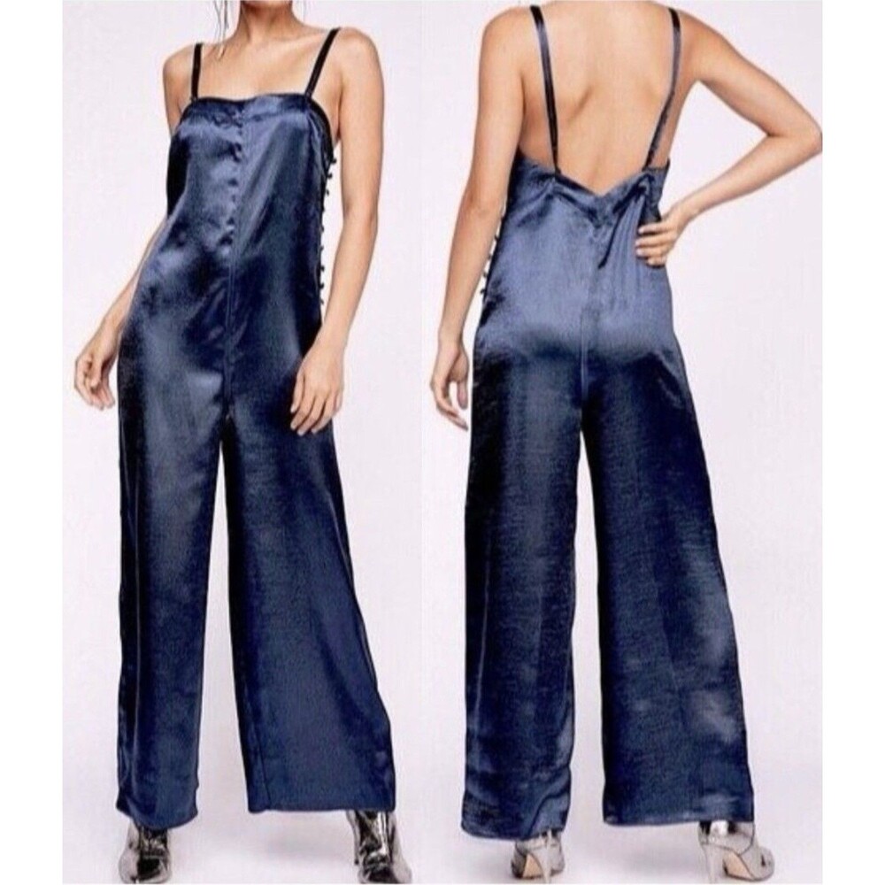 Free People Intimately Oh My Shine Satin Jumpsuit Navy Midnight Small Boho